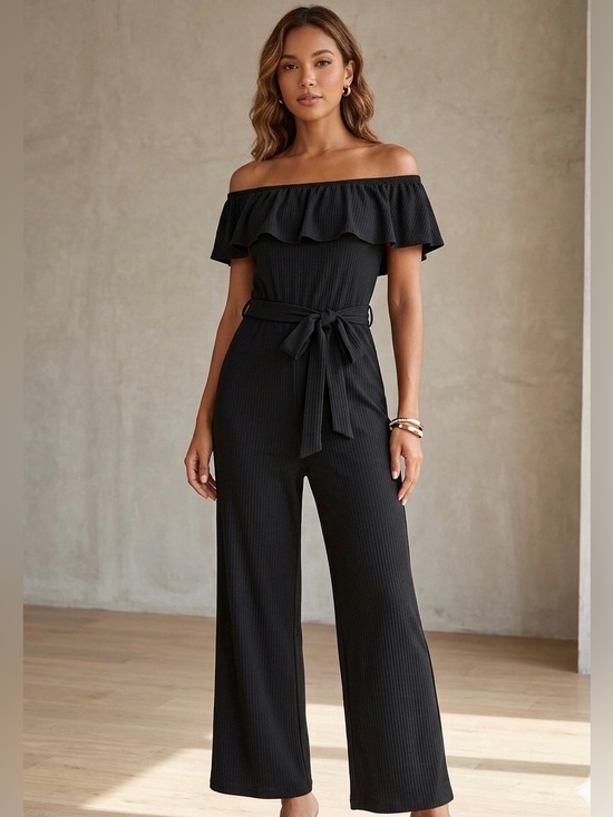 art class Pants - Whimsigoth Black Ribbed Jumpsuit Off Shoulder Ruffle Wide Leg Belted Romper XL⁠